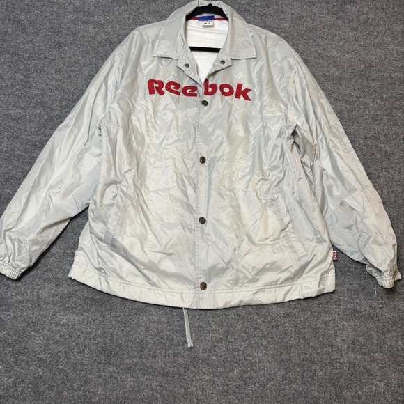 Reebok Other - Reebok Mens Light Gray Nylon Track Jacket Spell Out Logo Red‎ Size L